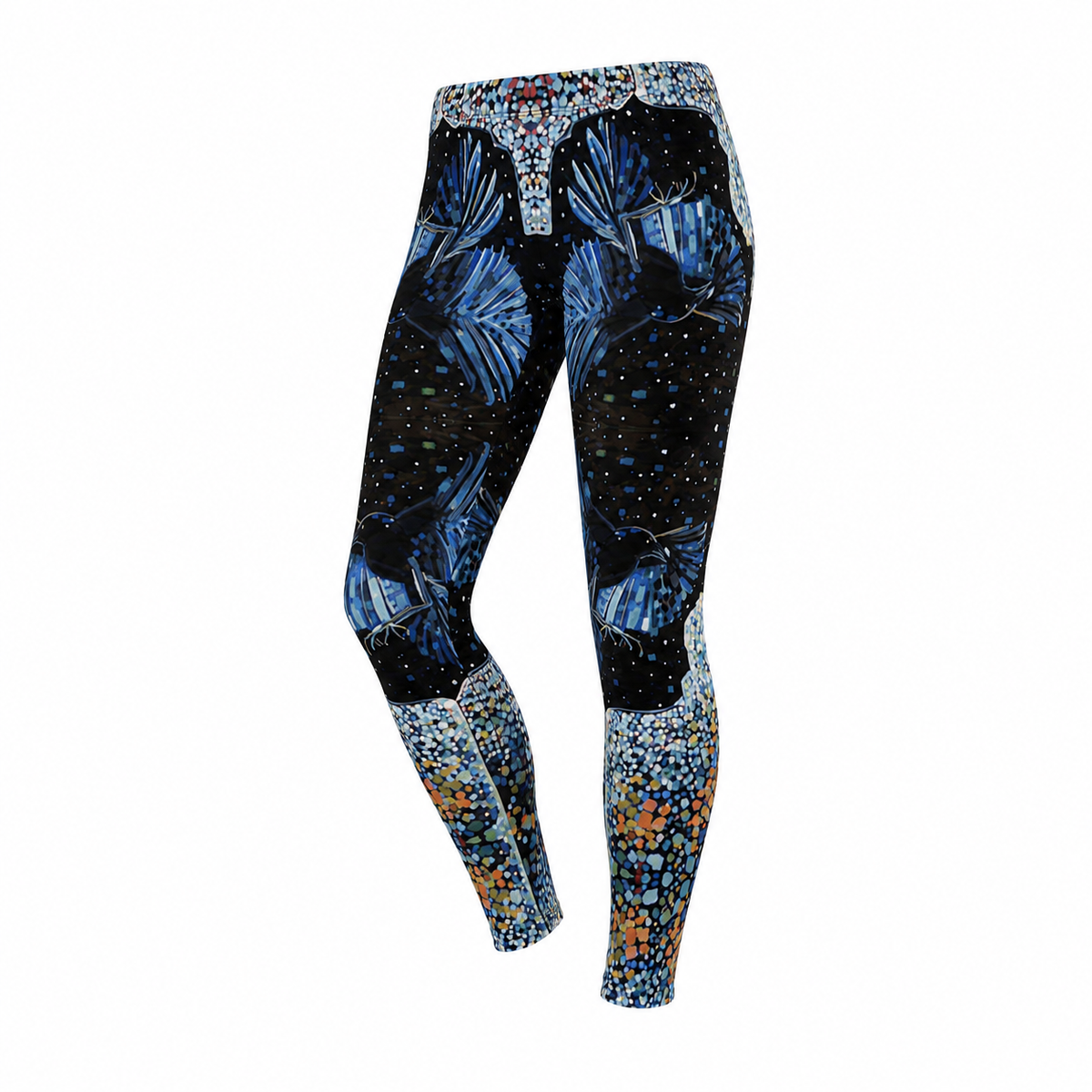 A pair of women's high-waisted leggings with a complex abstract pattern. The upper portion features a black background with blue and white leaf-like motifs and small light dots, while the lower legs transition into dense, colorful speckled patterns in blue, orange, and white.
